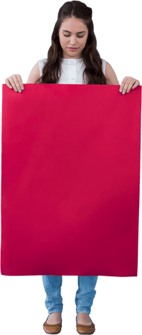 Focused woman holding red blank card on transparent background