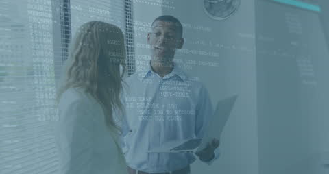 Business Professionals Discussing Data with Digital Overlay