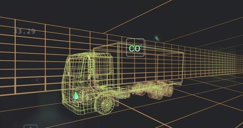 Futuristic 3D Wireframe of Semi-Truck with Sustainability Indicators