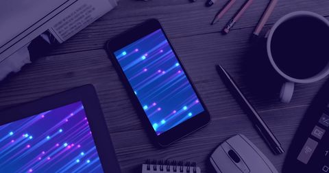 futuristic technology setup with digital light trails on screens - Download Free Stock Images Pikwizard.com