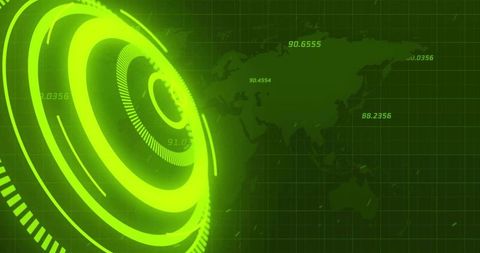 Neon green futuristic hud radar interface with concentric rings and world grid overlay