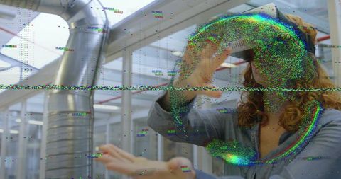 Reaching woman using vr headset in industrial skylight hall with digital glitch overlay