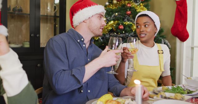 Mixed Race Couple Toasting Champagne at Christmas Dinner - Download Free Stock Images Pikwizard.com