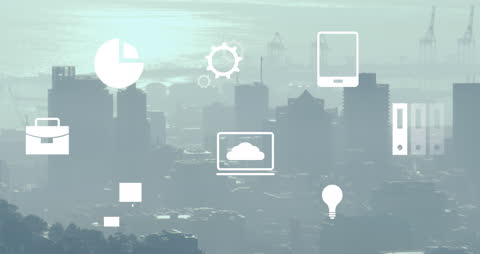 Digital Overlay of Business and Data Icons on Cityscape