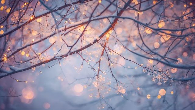 Glowing winter branches sparkling with frost and warm amber fairy lights at twilight