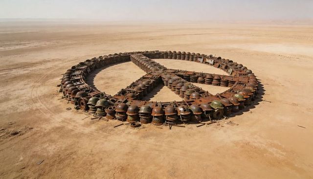 Rusted circular metal ring lying on sandy desert plain, abandoned industrial installation