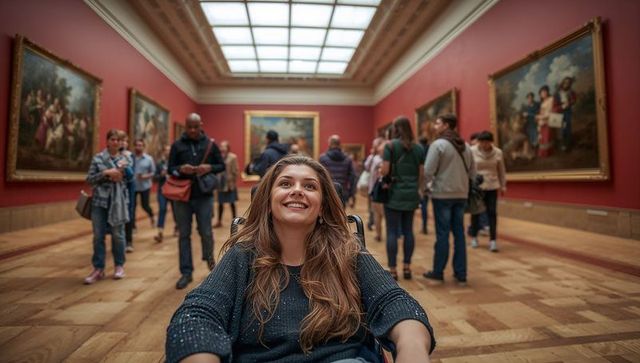 Woman in wheelchair enjoying art in gallery with red interior