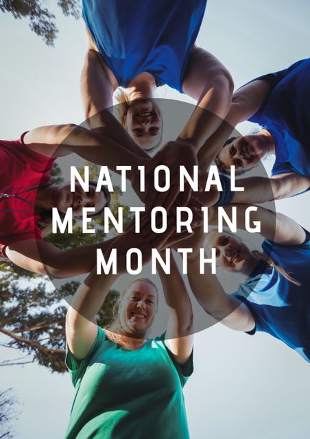 Digital composite image of national mentoring month text with coach and team stacking hands. mentorship and sport.