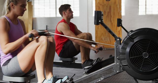 Two Athletes Exercising on Rowing Machines in Modern Gym - Download Free Stock Images Pikwizard.com