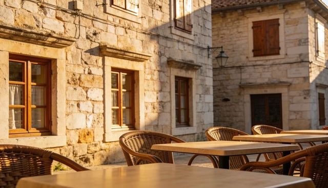 Sunlit Empty Outdoor Cafe Tables Framing Historic Stone Facades