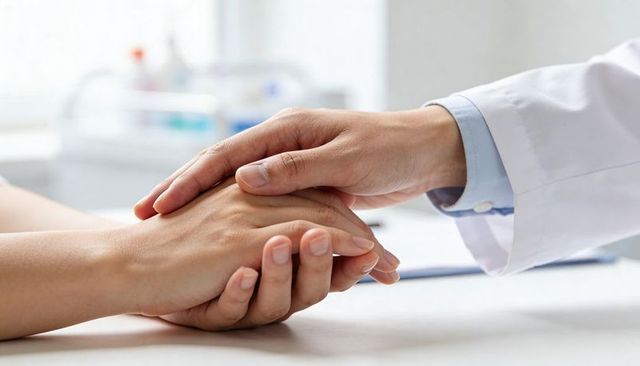 Clinician holding patient hand offering compassionate care and reassurance in clinic close-up