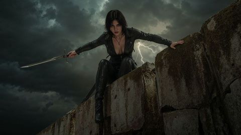 Crouching female assassin warrior with longsword amidst a stormy night skyline