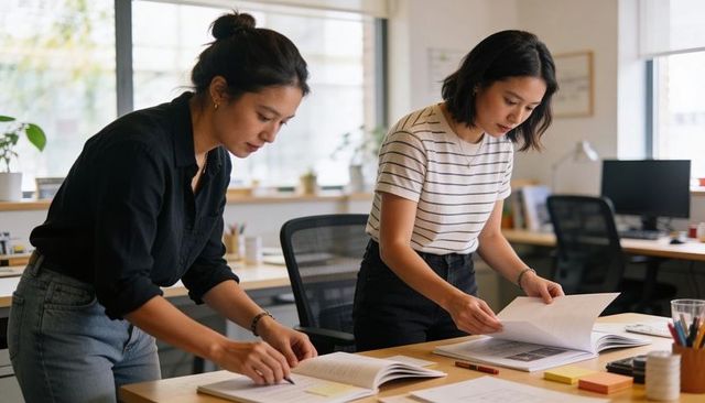 Two Asian Colleagues Collaborating Over Documents in Bright Modern Office Workspace