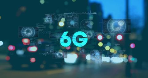 6G Technology Concept in Blurred Cityscape Background