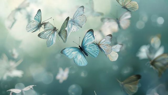 Ethereal blue butterflies in flight with translucent wings and dreamy bokeh