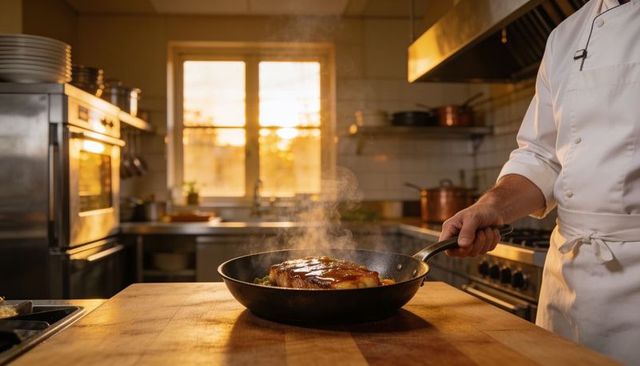 Chef searing glazed steak in cast-iron skillet on wooden board during golden hour