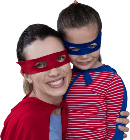 Smiling mother and child pretending superheroes transparent background