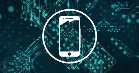 Smartphone security concept showing phone icon inside circle over glowing circuit network