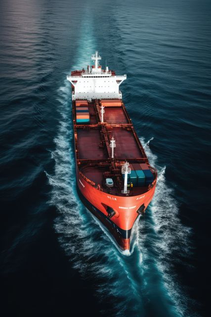 Large cargo ship traveling on calm open sea during sunset. Ideal for illustrating global logistics, maritime transport, international shipping industry, and oceanic routes.