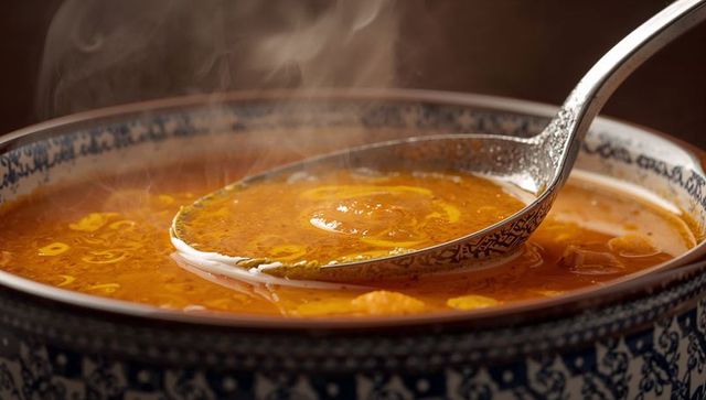 Steaming spicy red broth in ornate blue-white ceramic bowl with ladle and oil droplets
