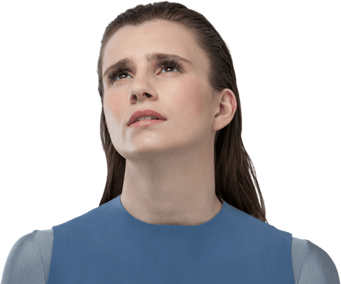 Transparent thoughtful woman looking up in sadness