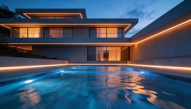 Featuring modern minimalist villa with sleek led trim lines and blue-lit pool at twilight