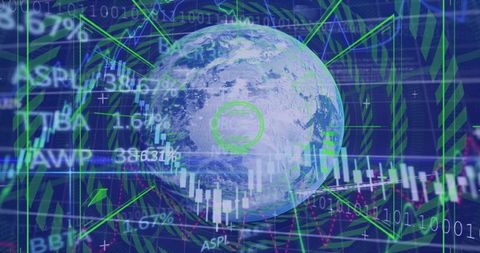 Rotating Earth Globe Displaying Global Financial Data Overlays and Candlestick Charts