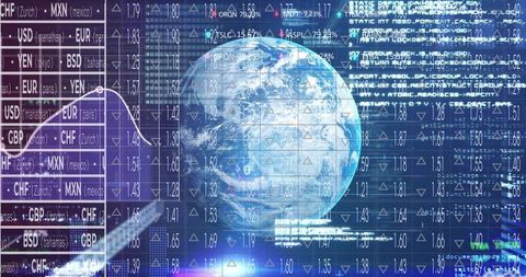 Digital Earth Rotating Over Financial Data Grid with Currency Rates and Futuristic Dashboard