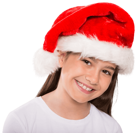 Festive Little Girl Smiling in Transparent Christmas Santa Hat