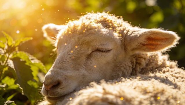 Sheep resting in golden-hour light with sparkling pollen and glowing cream fleece
