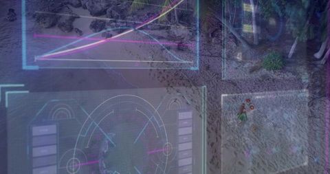 Woman in grass skirt scanning tropical shoreline with holographic ar interface overlays