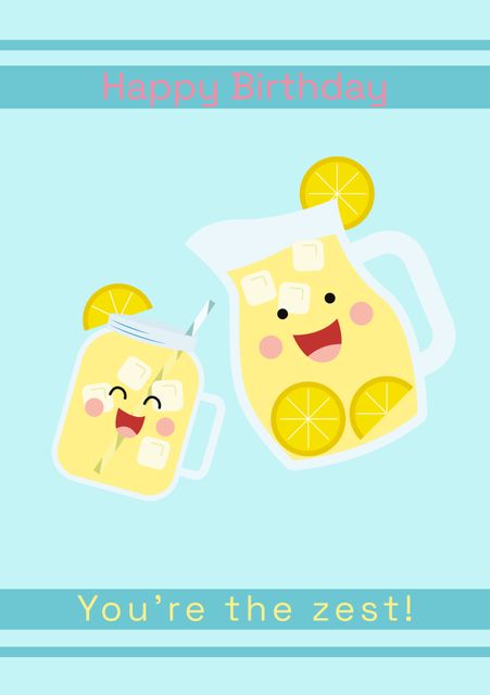 Bright and cheerful design featuring cute lemonade pitchers with smiling faces. Perfect for wishing someone a happy birthday or inviting guests to a summer event, this card's vibrant colors and fun graphics make it ideal for children and adults alike.