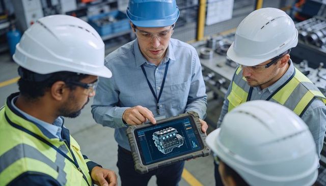 Engineers collaborating on rugged tablet displaying 3d engine diagnostics on factory floor