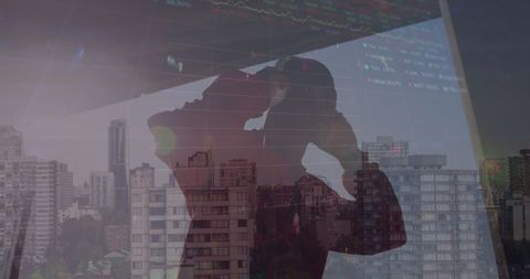 Contemplative Businessman Analyzing Financial Data with Urban Cityscape Overlay