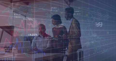 Business Team Analyzing Global Data and Financial Charts on Laptop in Modern Office Collaboration