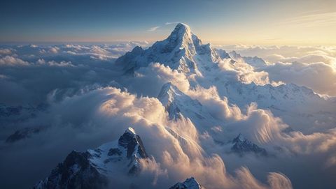 Majestic Snow-Covered Mountain at Sunrise Above Swirling Clouds