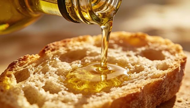 Pouring golden olive oil onto crusty artisan bread slice closeup macro gourmet texture