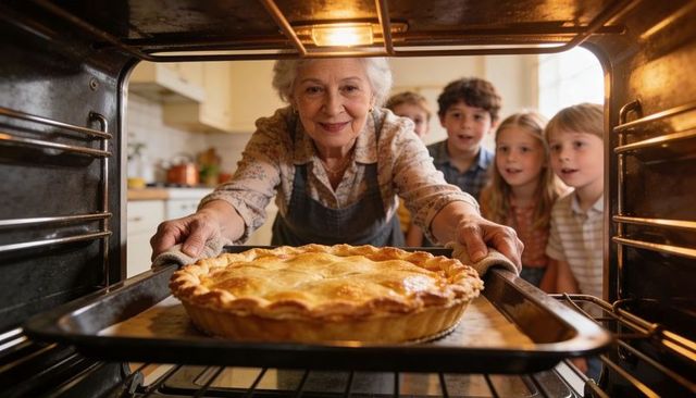 Grandmother pulling golden pie from oven, grandchildren watching with joy