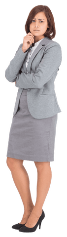 Transparent image of worried hispanic businesswoman in grey suit