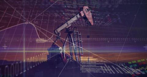 Pumpjack with stock market charts overlay conveying oil energy sector financial analytics