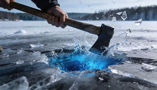 Swinging axe breaking frozen lake surface revealing vivid blue water splash