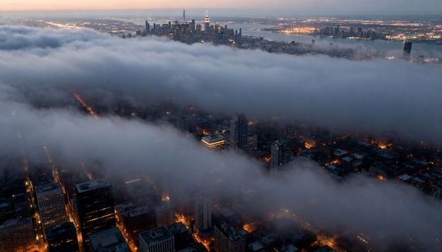 Low fog bank drifting over coastal city skyline at dawn revealing lit skyscraper tops