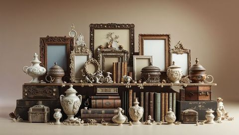 Vintage collection of ornate frames and antique objects on table display