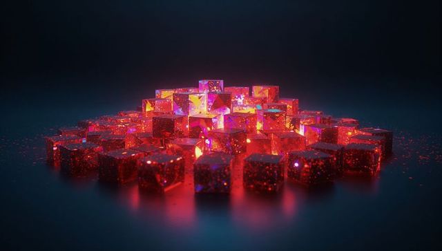 Glowing translucent cubes on dark tabletop with sparkling particles