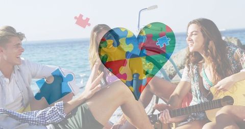 Friends Celebrating Summer Beach Party with Autism Awareness Symbol