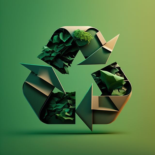 Recycling symbol with plants on green background, created using generative ai technology. Recycling and ecology concept digitally generated image.