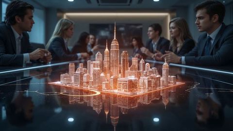 Professionals Analyzing Holographic City Model in Boardroom