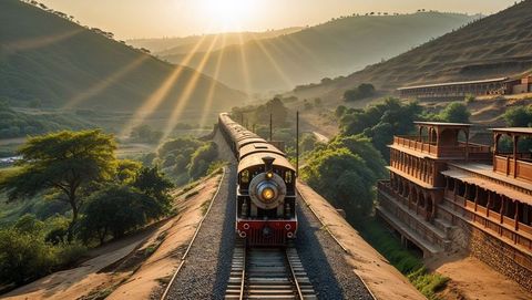 Vintage steam train passing through valley at sunrise