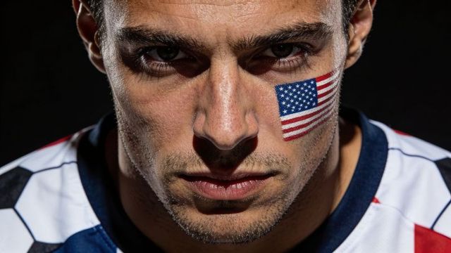 Intense male athlete closeup with american flag face decal wearing patriot soccer jersey