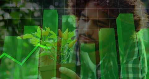 Man holding potted plant and inspecting growth with green data chart overlay for business